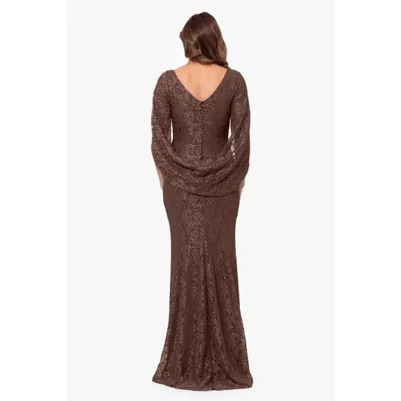 Betsy & Adam Women's Embellished Glitter-Lace Capelet Gown Brown Size 4 NWT